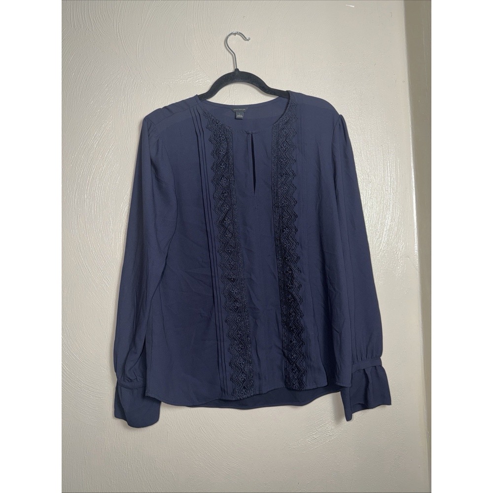 ANN TAYLOR Top Women's Petite LP Black Long Sleeve Blouse Cottagecore Peasant